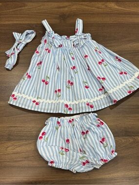 Rachel Zoe Blue & White Striped Cherry Dress Set with Headband